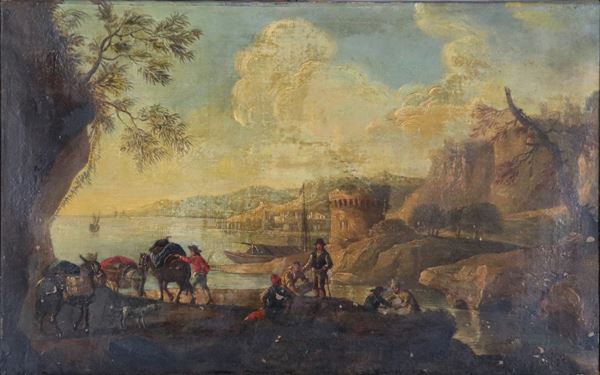 Scuola Veneta XVIII Secolo - "Marina con porto, torre, contadini e mercanti", dipinto ad olio su tela