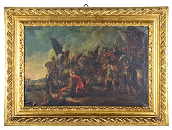 Scuola Italiana XVIII Secolo - "Scena di battaglia biblica", dipinto ad olio su tela che presenta un taglio