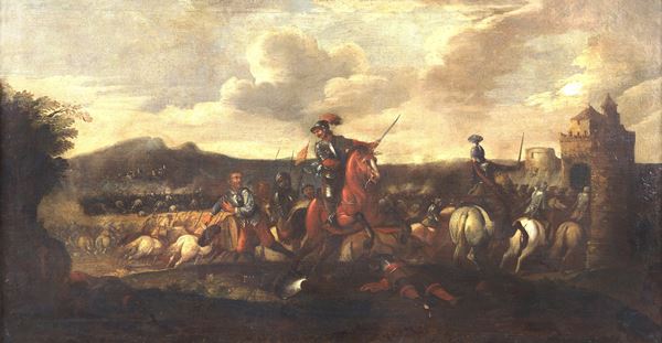 Antonio Calza - Seguace di. "Battaglia di Cavalleria", dipinto ad olio su tela