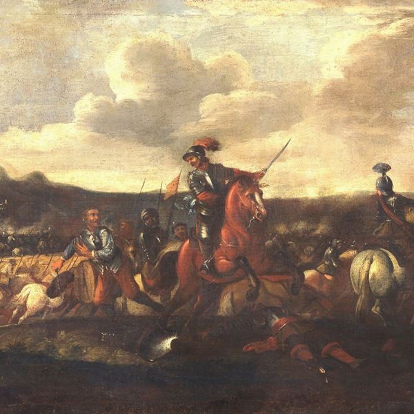 Antonio Calza - Seguace di. "Battaglia di Cavalleria", dipinto ad olio su tela