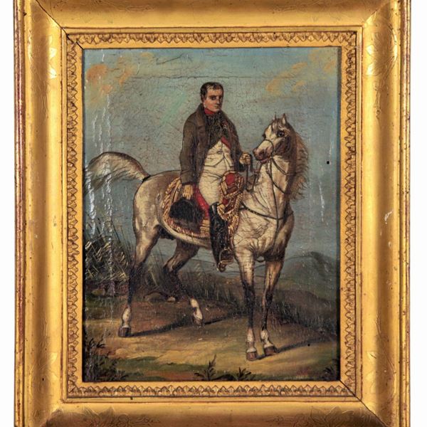 Pittore Francese Inizio XIX Secolo - Firmato. "Napoleone a cavallo", piccolo dipinto ad olio su tela