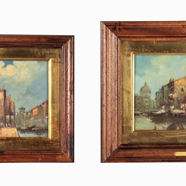 Sergio Cozzuol - Firmati. "Vedute di Venezia", lotto di due piccoli dipinti ad olio