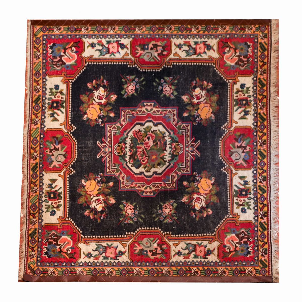 Tappeto persiano Kazakh a disegno geometrico e floreale su fondo blu, rosso e bianco, M 1,65 X 1,...