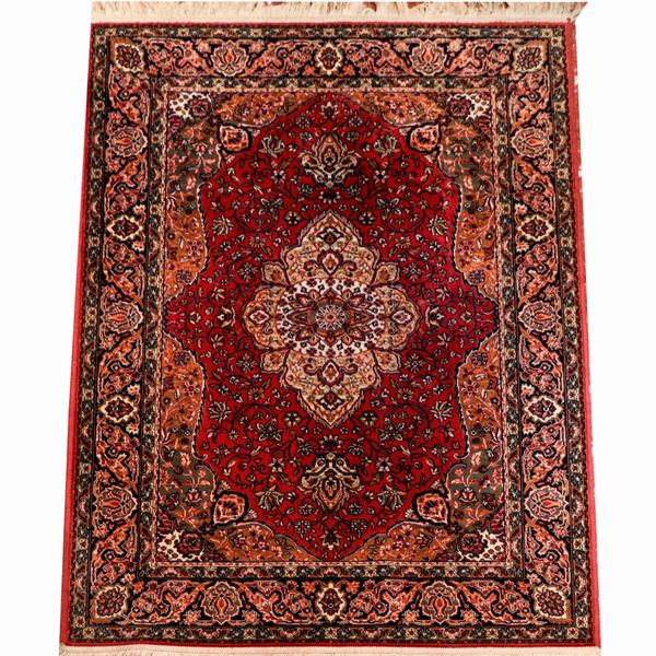 Tappeto persiano Shirvan a disegno di intrecci floreali su fondo rosso e avana, M 1,73 X 1,25 