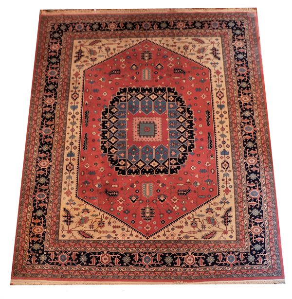 Persian Kazakh carpet with a naturalistic and geometric design on a light blue, red and Havana background with blue border, M 4.66 X 3.61