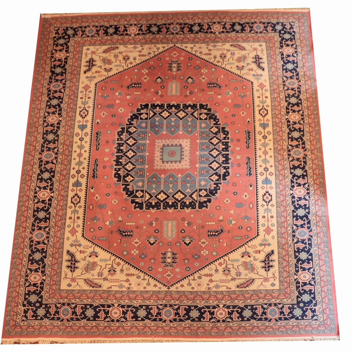 Tappeto persiano Kazakh a disegno naturalistico e geometrico su fondo celeste, rosso e avana con ...