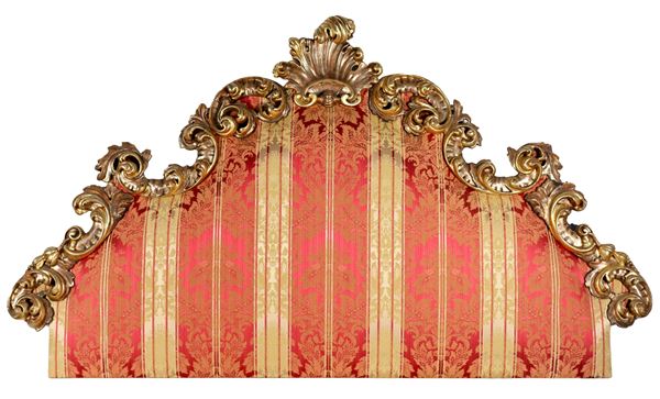 Headboard with antique elements in Mecca-gilded wood carved with urchin motifs, acanthus leaves and central shell, cover in flowered fabric