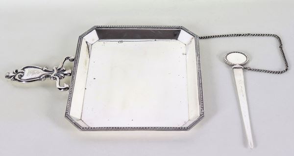 Small octagonal silver metal mail tray with letter opener