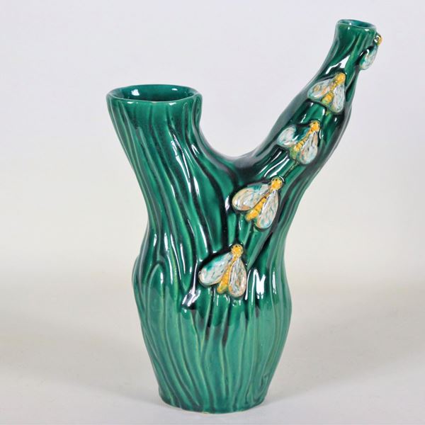 Bottle green porcelain and glazed ceramic vase with polychrome applications in relief of bees, slight lack on the edge of the neck