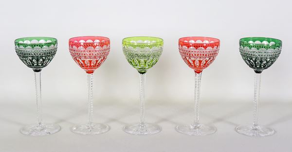 Lot of five diamond-pointed Bohemian crystal goblet glasses, various colours