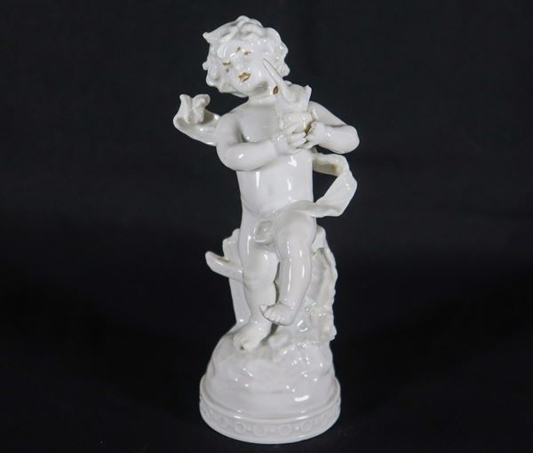 Ancient "Puttino with bee" figurine in white enamelled porcelain from Capodimonte, various missing parts