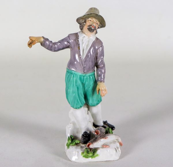 'Fish seller', ancient polychrome porcelain figurine, missing