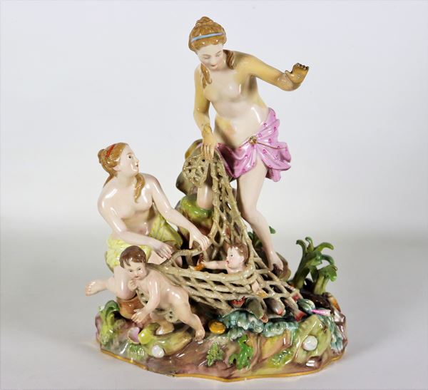 "Mythological allegory", ancient group in polychrome porcelain from Meissen, breakages and missing parts