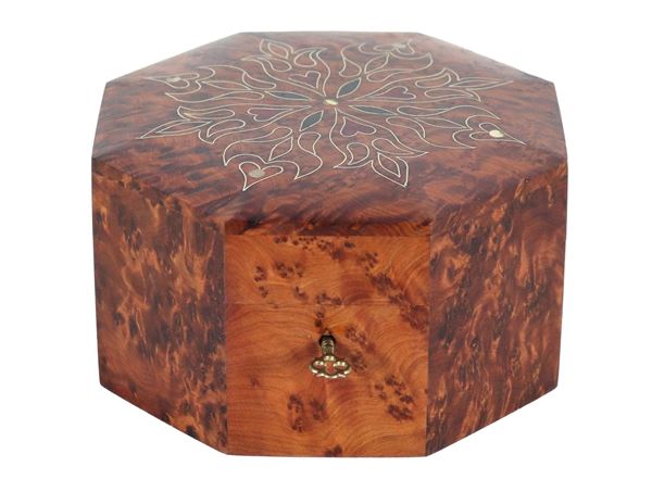 Octagonal jewelry box in thuja root, silver flower inlays on the lid and compartments inside
