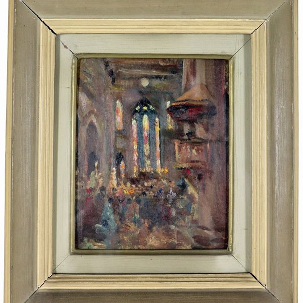 Scuola Italiana Fine XIX Secolo - "Church Interior", small oil painting on cardboard