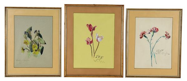 Valentino Ghiglia - Firmati e datati 1948-1950. "Fiori", lotto di tre acquarelli su carta, due formano una coppia