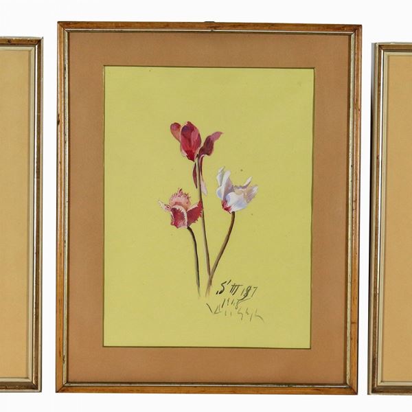 Valentino Ghiglia - Signed and dated 1948-1950. "Flowers", lot of three watercolors on paper, two forming a pair