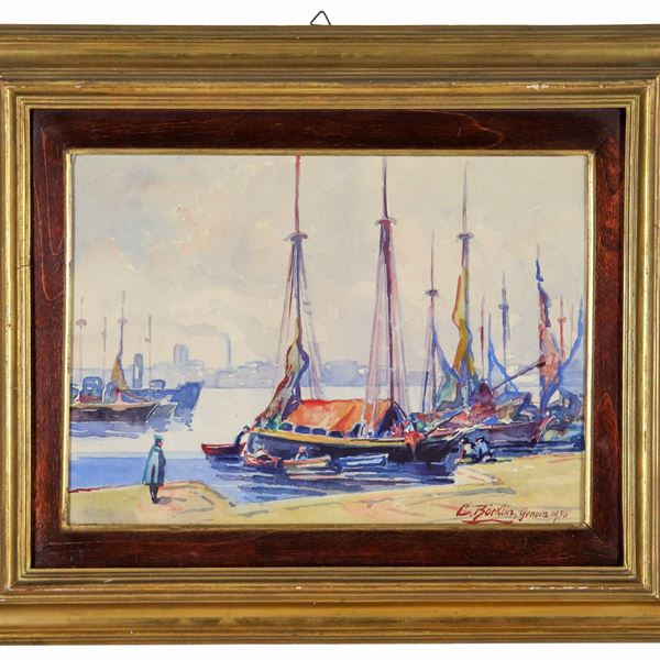 Carlo Bocklin - Signed and dated 1930. "View of the Port of Genoa", small watercolor on paper