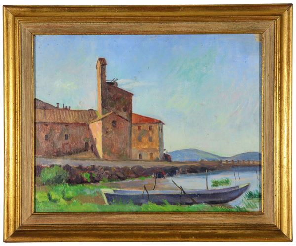 Hugo Adami - Signed and dated 1924. "View of Passignano sul Trasimeno", oil painting on canvas applied to cardboard