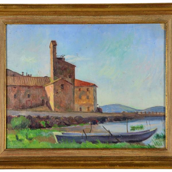 Hugo Adami - Firmato e datato 1924. "Veduta di Passignano sul Trasimeno", dipinto ad olio su tela applicata a cartone