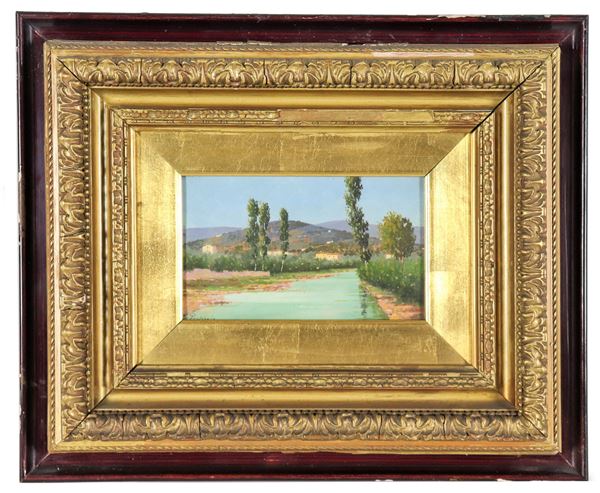 Pittore Europeo Fine XIX Secolo - Firmato. "Paesaggio con case contadine e corso d'acqua", piccolo dipinto ad olio su tavoletta