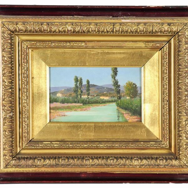 Pittore Europeo Fine XIX Secolo - Signed. "Landscape with peasant houses and a watercourse", small oil painting on panel