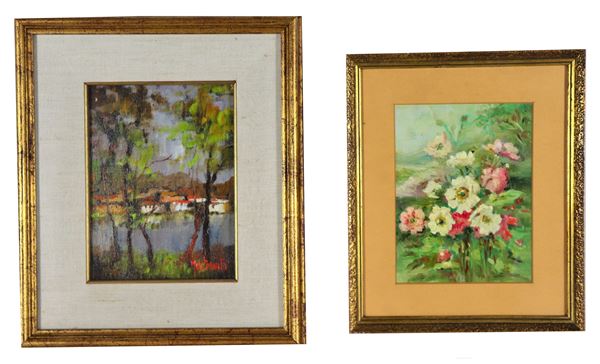 Scuola Italiana Inizio XX Secolo - "Landscape with houses on the river" and "Vase with bouquet of flowers", lot of two small oil paintings