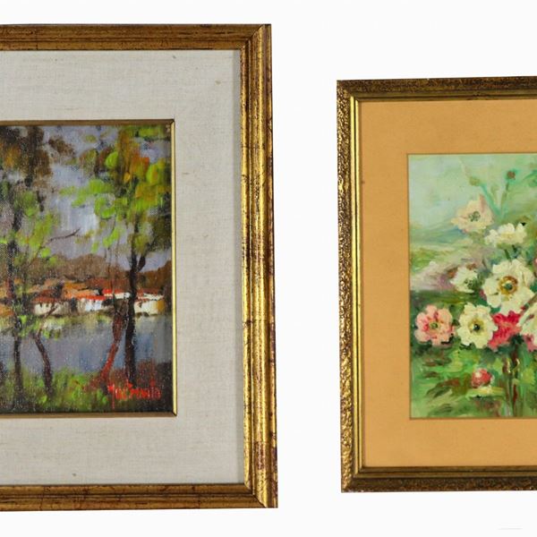 Scuola Italiana Inizio XX Secolo - "Landscape with houses on the river" and "Vase with bouquet of flowers", lot of two small oil paintings