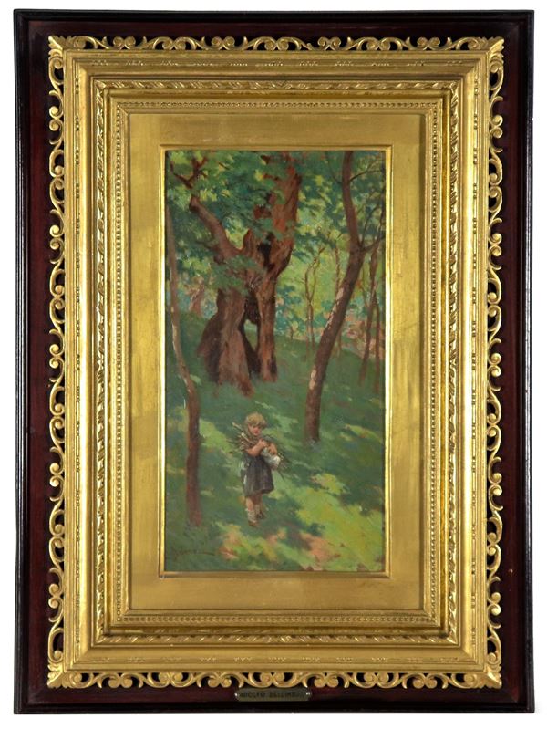 Adolfo Belimbau - Firmato. "Bosco con bambino", dipinto ad olio su cartone