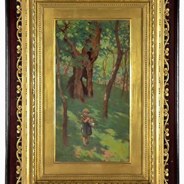 Adolfo Belimbau - Signed. "Forest with child", oil painting on cardboard