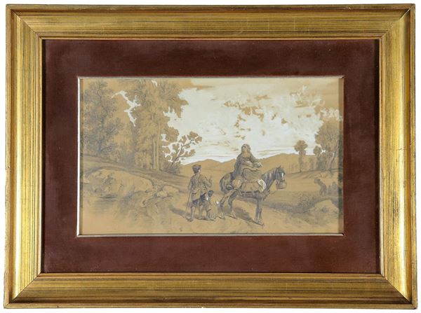 Pittore Italiano XIX Secolo - "Paesaggio con viandanti e contadini", disegno a penna, matita e biacca su carta