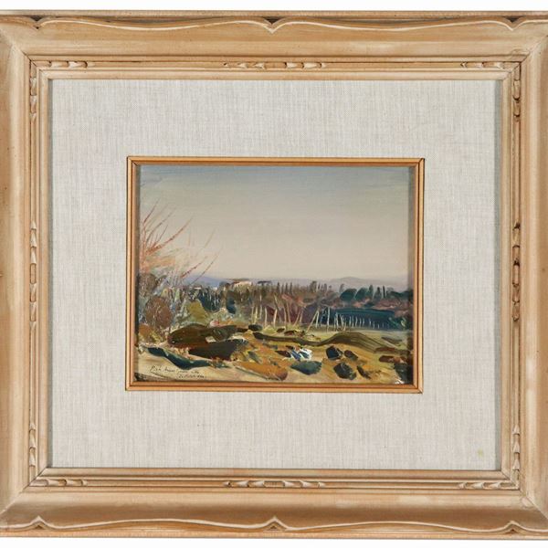 Pietro Annigoni - Signed and dated 1970. "View of Certaldo", small oil painting on canvas applied to cardboard