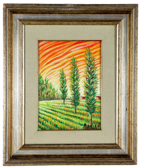 Pittore Italiano XX Secolo - Firmato. "Paesaggio contadino con case e alberi", dipinto ad olio su tela