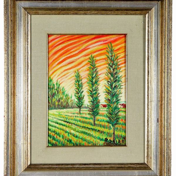 Pittore Italiano XX Secolo - Signed. "Peasant landscape with houses and trees", oil painting on canvas