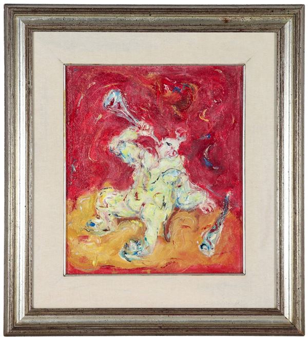 Pittore Italiano XX Secolo - Signed and dated 1958 on the back of the canvas. "Clown with trumpet", oil painting on canvas