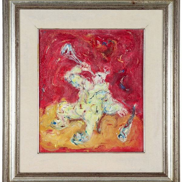 Pittore Italiano XX Secolo - Signed and dated 1958 on the back of the canvas. "Clown with trumpet", oil painting on canvas