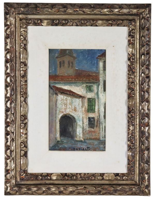 Renato Dorigatti - Firmato. "Scorcio di Verona", piccolo dipinto ad olio su tela