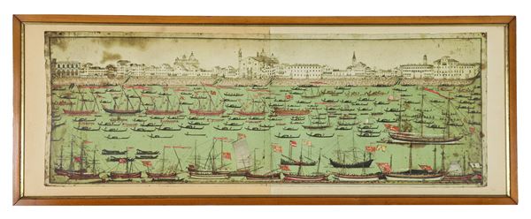 "Regatta of the Serenissima", ink and pencil drawing on paper. The card has some defects