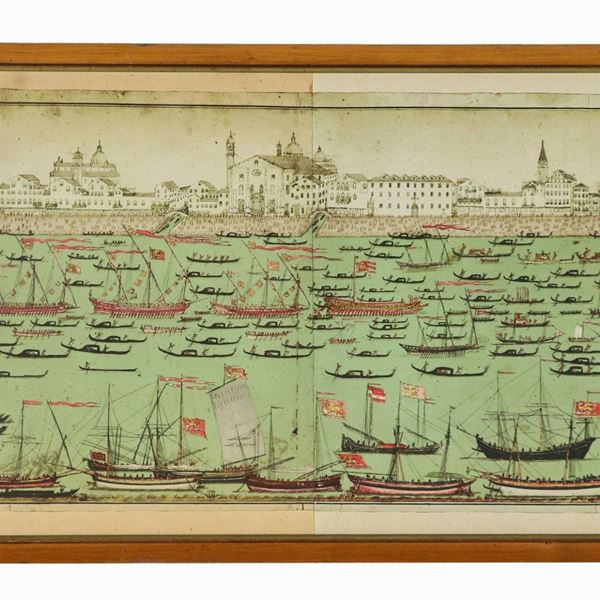 "Regata della Serenissima", disegno a china e matita su carta. La carta presenta qualche difetto