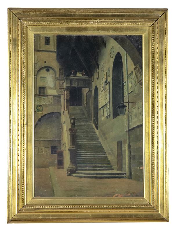 Pittore Italiano XIX Secolo - Firmato e datato 1869. "Interno di antico palazzo con scalinata", dipinto ad olio su tela