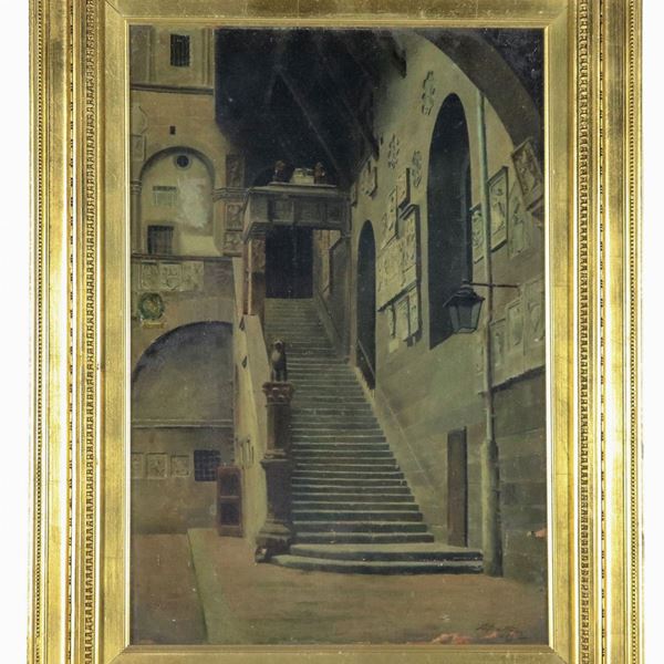 Pittore Italiano XIX Secolo - Signed and dated 1869. "Interior of an ancient palace with staircase", oil painting on canvas