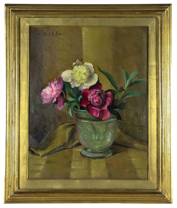 Valentino Ghiglia - Signed. "Vase with bouquet of flowers", oil painting on cardboard