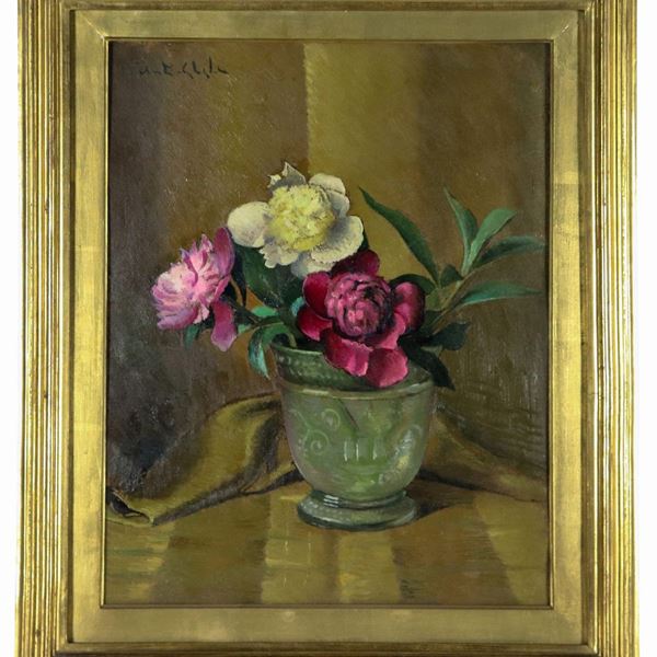 Valentino Ghiglia - Firmato. "Vaso con mazzo di fiori", dipinto ad olio su cartone