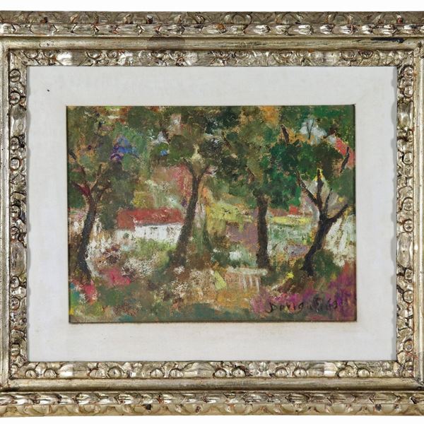 Renato Dorigatti - Signed. "Landscape in Catalonia", oil painting on pressed cardboard