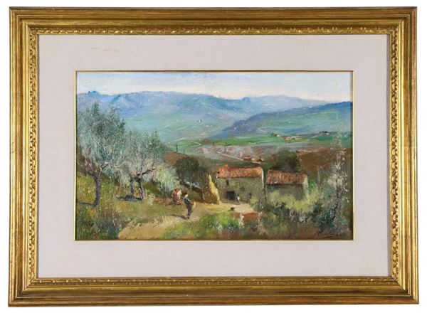 Rutilio Muti - Signed. "Farmhouses in the Mugello valley", oil painting on panel
