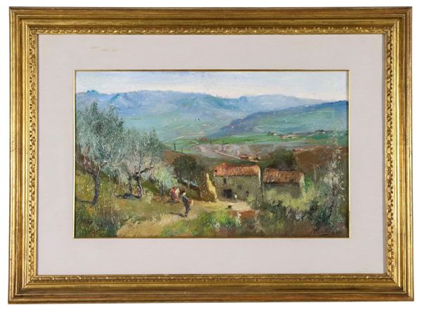 Rutilio Muti - Firmato. "Casolari nella valle del Mugello", dipinto ad olio su tavoletta