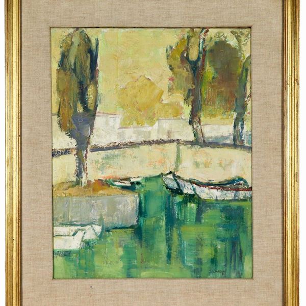 Elena Dandini (Pittrice Italiana XX-XXI Secolo) - Signed. "Glimpse of a town with a watercourse and boats", oil painting on canvas