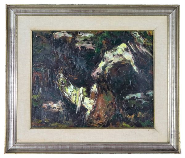 Rino Carrara - Firmato. "Forme nel bosco", dipinto ad olio su tela