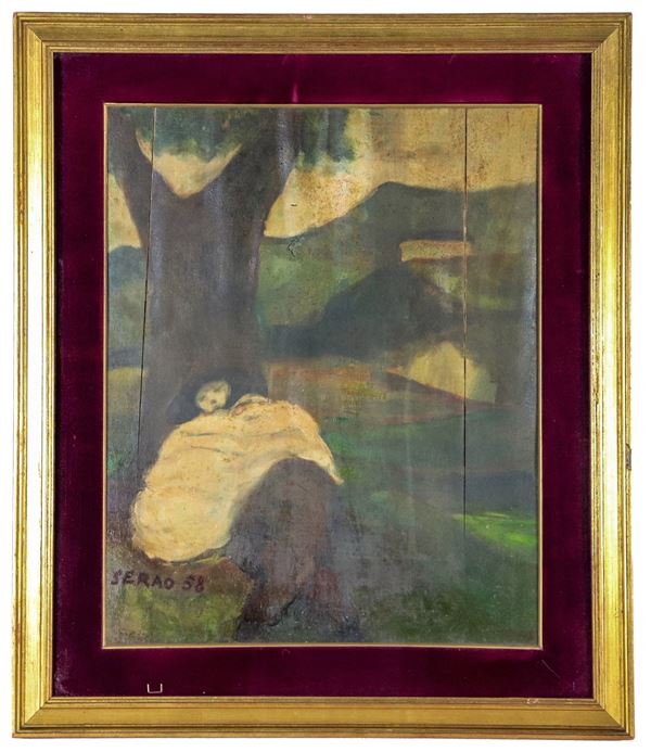 Alberto Serao - Firmato e datato 1958. "Il riposo del contadino sotto l'albero", dipinto ad olio su compensato danneggiato