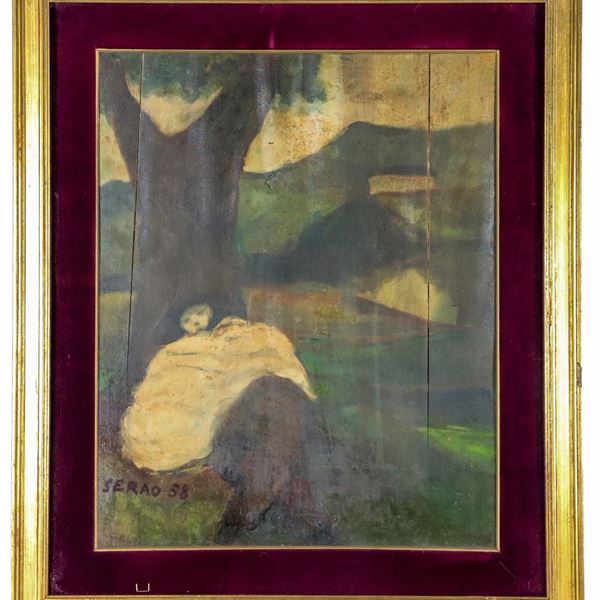 Alberto Serao - Signed and dated 1958. "The farmer's rest under the tree", oil painting on damaged plywood